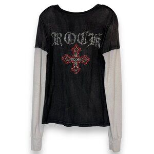 Miss Me Vintage Y2K T-Shirt Thermal Glam Skull Cross Grunge Bling Black Medium